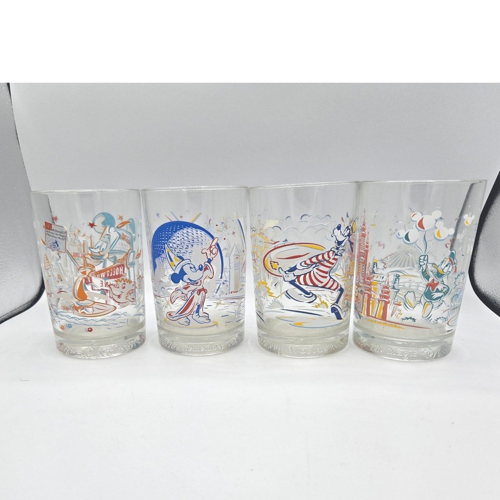 Disney World 25th Anniversary Glasses 1996 Set of 4 Mickey Goofy